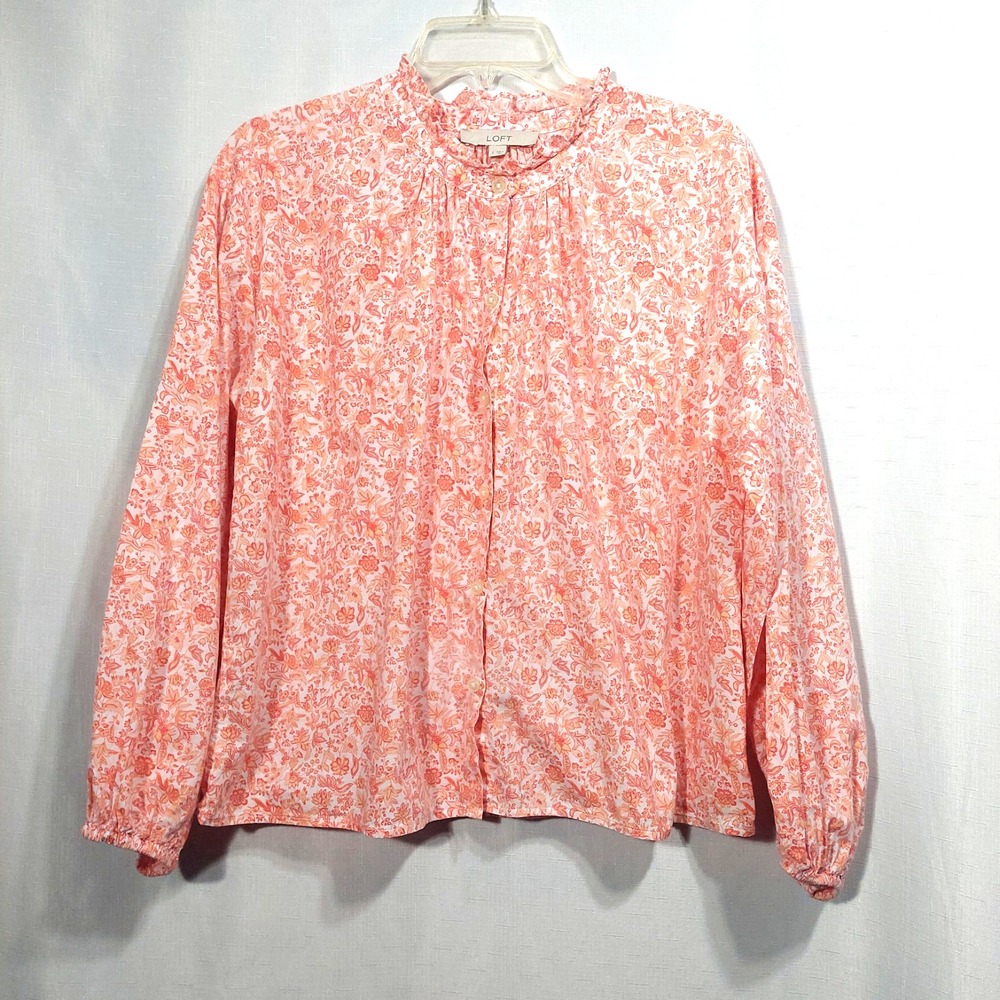 Loft Womens Button up Blouse Size Small Balloon Sleeves Coral White Cotton‎
